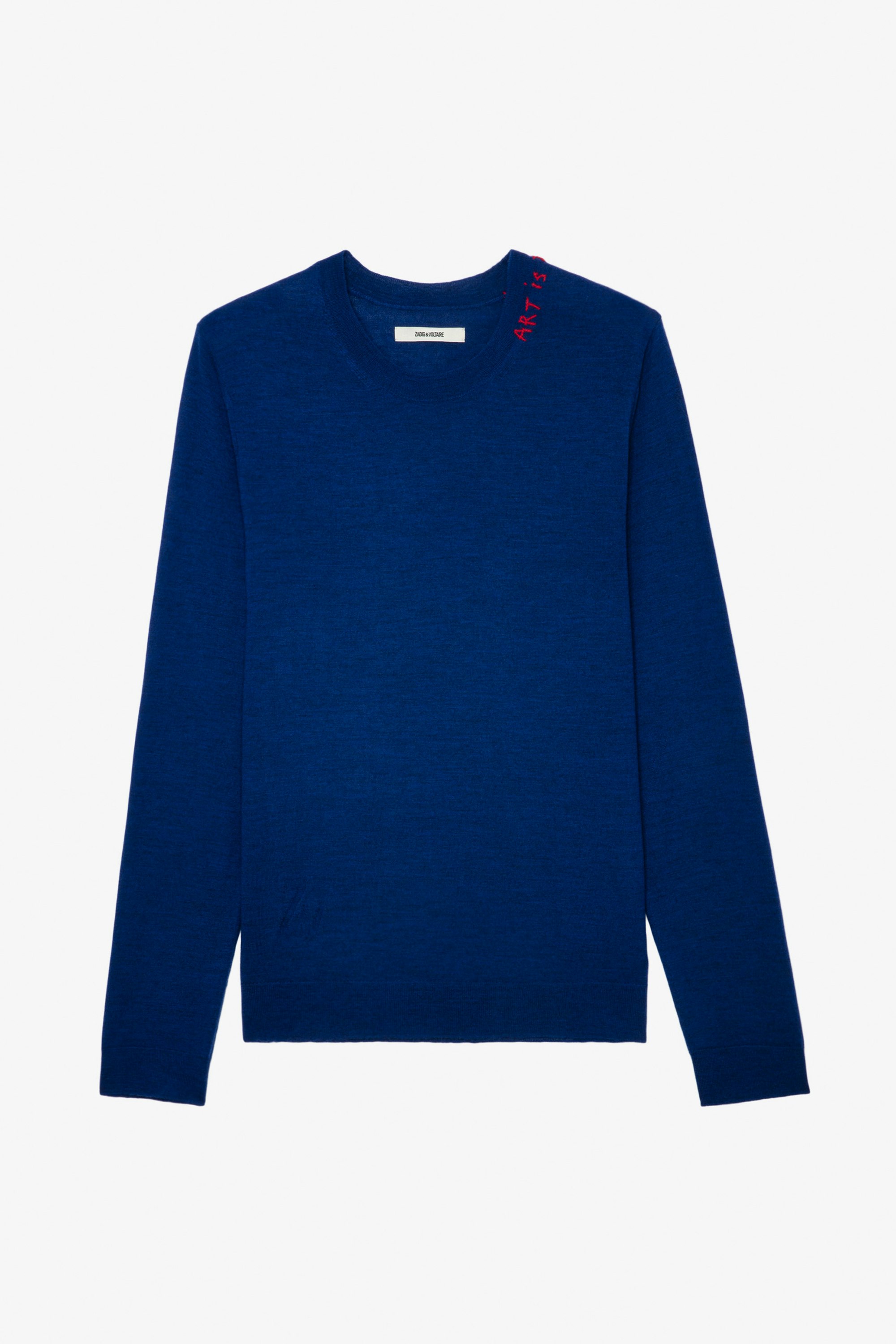 Kennedy Jumper - Men’s blue merino wool jumper with “Art Is Truth” embroidery on the neckline.