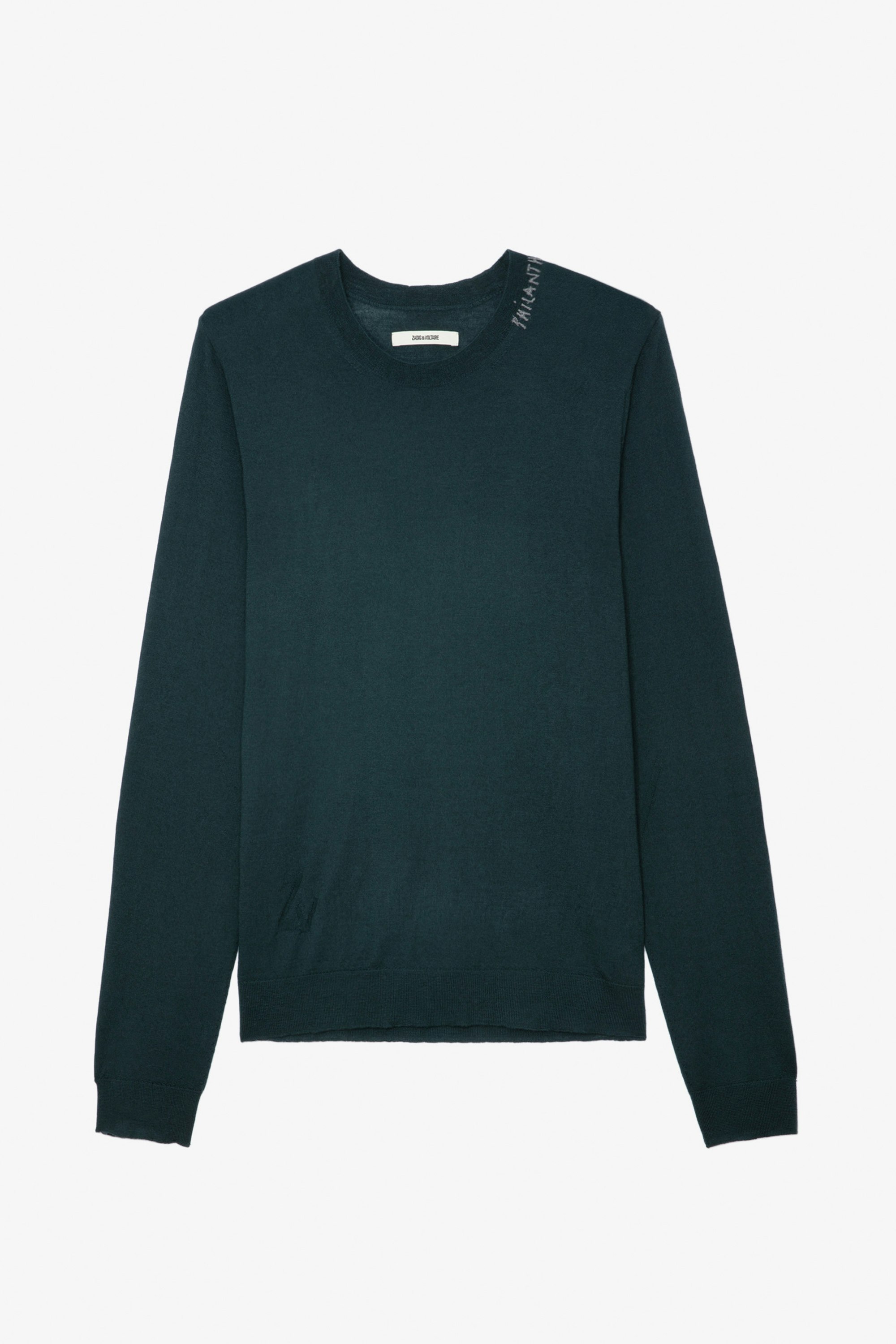 Kennedy Jumper - Men’s green merino wool jumper with “Philanthrope” embroidery on the neckline.