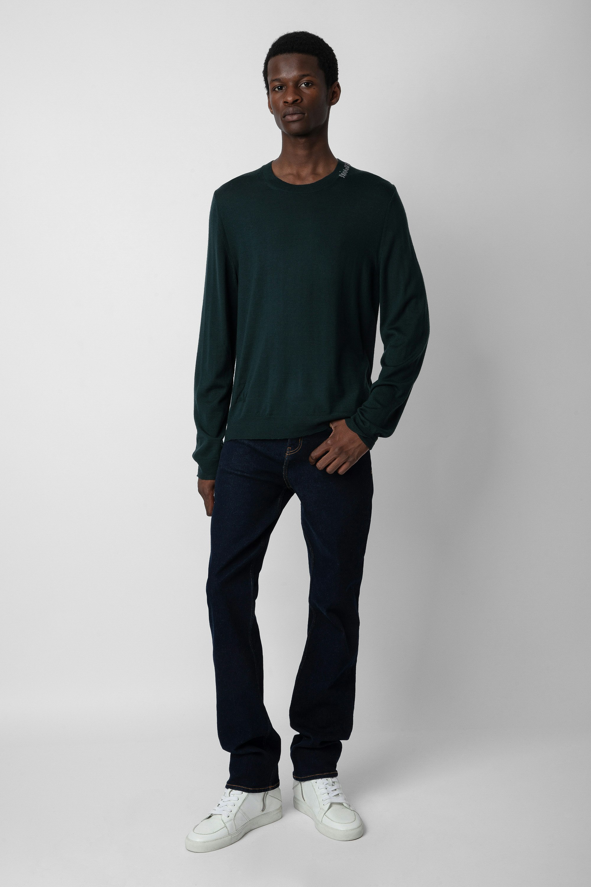 Kennedy Jumper - Men’s green merino wool jumper with “Philanthrope” embroidery on the neckline.