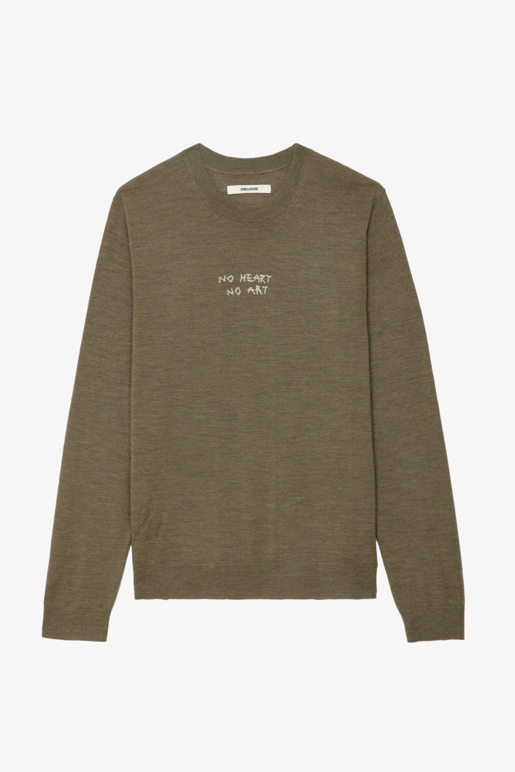 Kennedy Jumper - Distressed-effect khaki merino wool jumper with “No Heart No Art” embroidery designed by Humberto Cruz.
