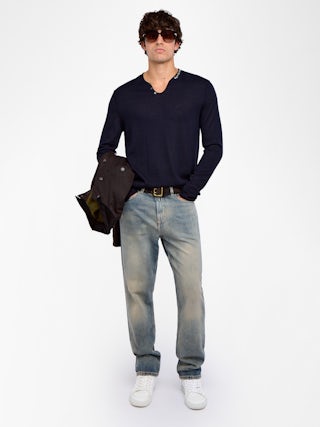 Maglia Monastir 100% cashmere - Maglia con collo Henley e ricamo "Revoltaire".