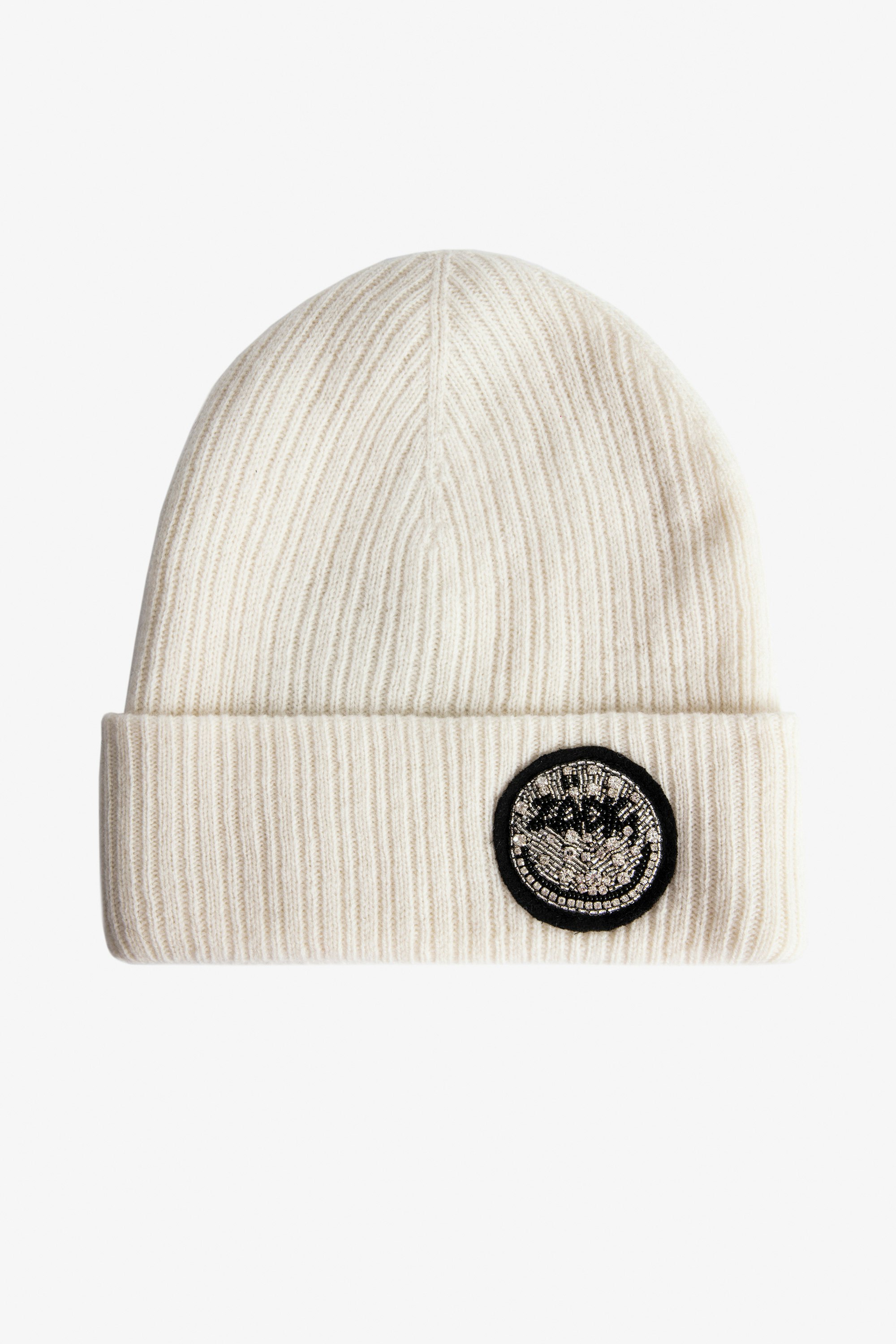 Thomsy Cashmere Beanie - Women’s off-white cashmere beanie with Zadig happy face and diamanté.