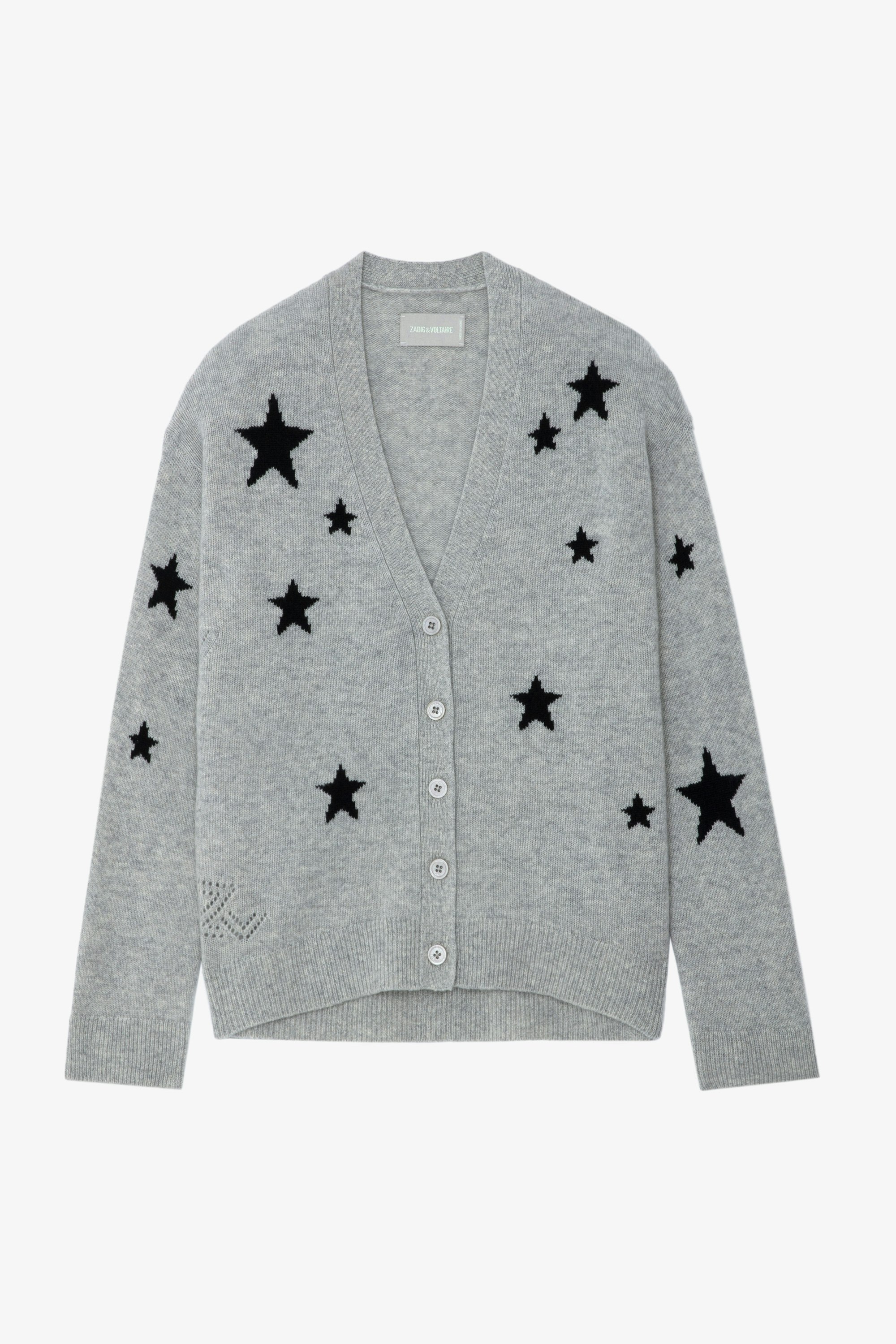 Mirka Stars Cashmere Cardigan - Women’s gray cashmere cardigan with contrasting stars.