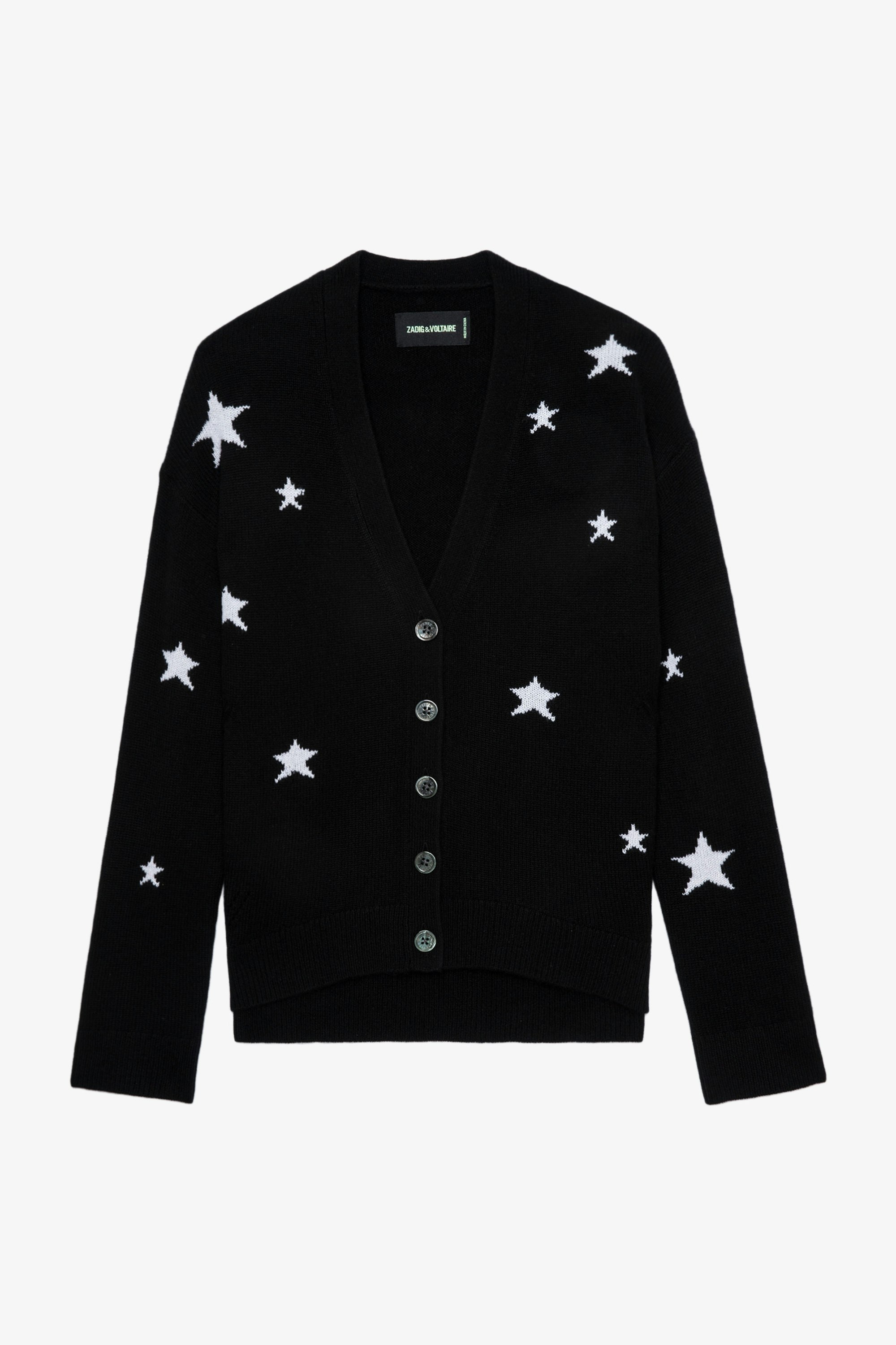Gilet Mirka Stars Cachemire - Gilet en cachemire noir boutonné à motifs étoiles contrastées.