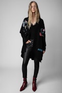 Indiany Cashmere Cardigan - Women’s long black cashmere cardigan with floral motifs