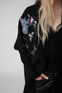 Indiany Cashmere Cardigan - Women’s long black cashmere cardigan with floral motifs