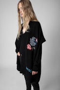 Indiany Cashmere Cardigan - Women’s long black cashmere cardigan with floral motifs