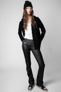 Salma Cardigan - Women’s black knit cardigan with zip fastening and hood with the slogan “Je m’en fous” on the back