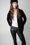 Salma Cardigan - Women’s black knit cardigan with zip fastening and hood with the slogan “Je m’en fous” on the back