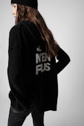 Salma Cardigan - Women’s black knit cardigan with zip fastening and hood with the slogan “Je m’en fous” on the back