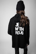 Salma Cardigan - Women’s black knit cardigan with zip fastening and hood with the slogan “Je m’en fous” on the back