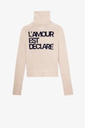 Gilda Cardigan - Women’s beige knit zip-up cardigan with stand collar and flocking on the back