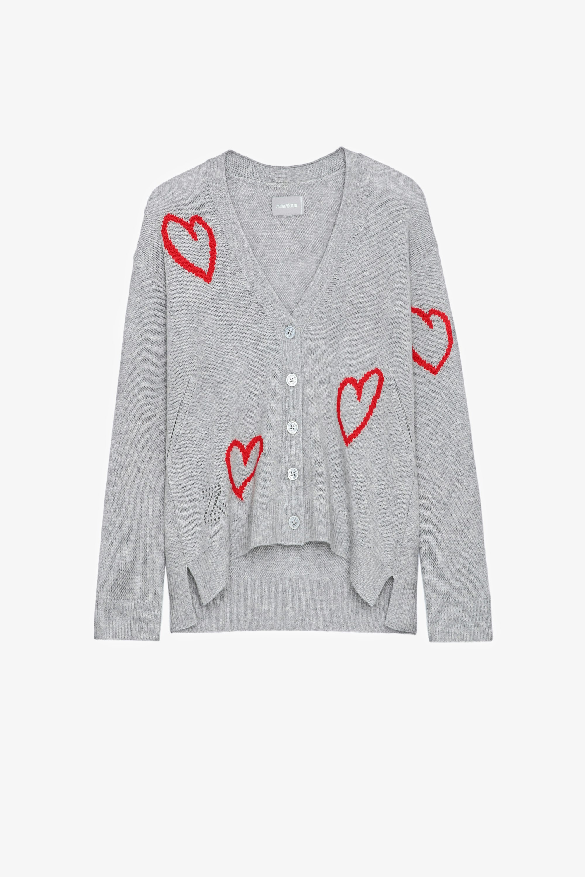 Mirka Cashmere Cardigan Women’s grey cashmere cardigan with contrasting hearts