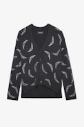 Mirka Diamanté Cashmere Cardigan - Women’s grey cashmere cardigan with diamanté wing motifs.