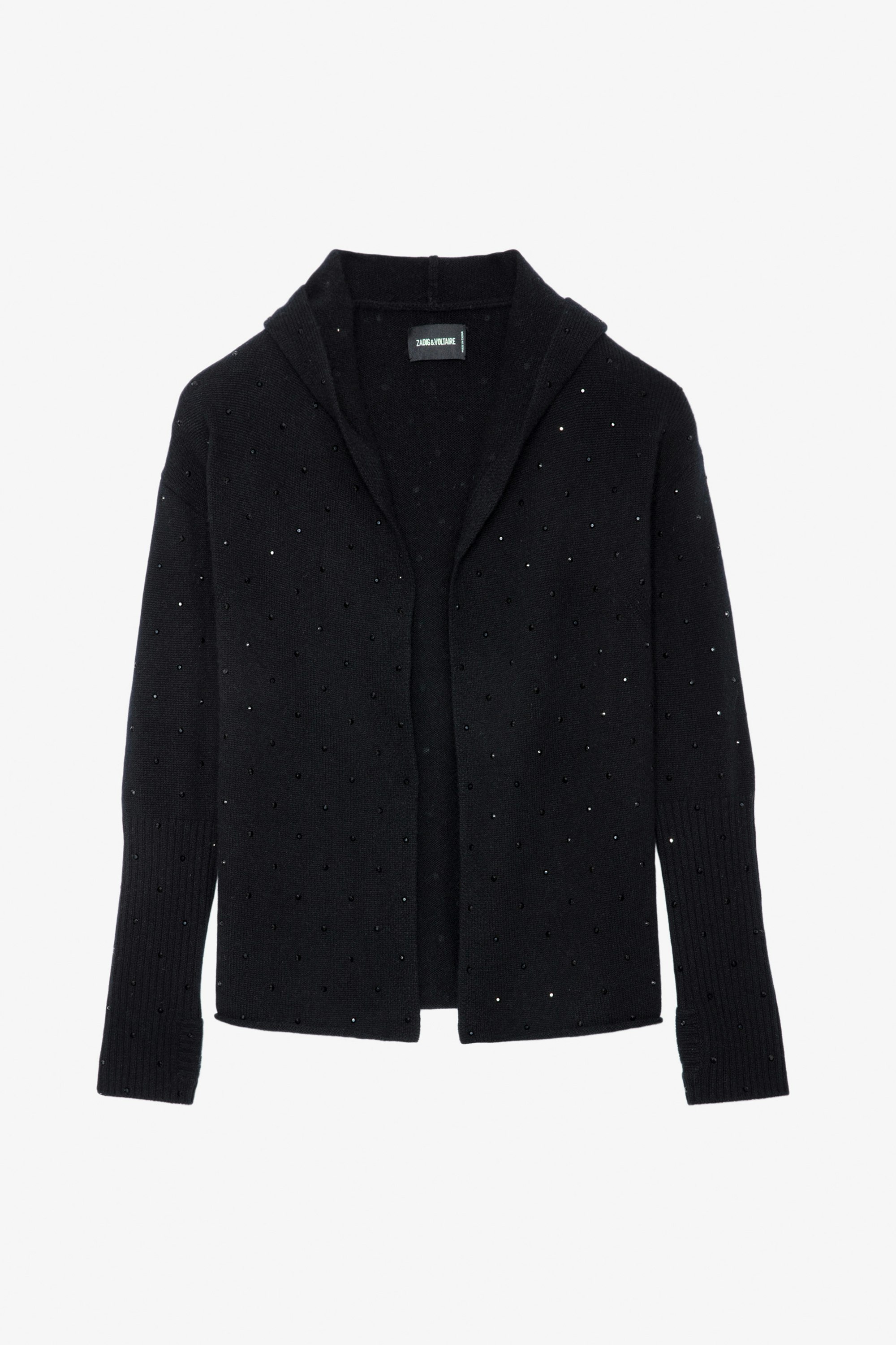 Cosany Diamanté Cashmere Cardigan - Black cashmere hooded cardigan with long diamanté-embellished sleeves.