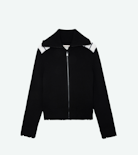 Jessie Cardigan - Women’s contrasting black merino wool zip-up cardigan with mock neckline.
