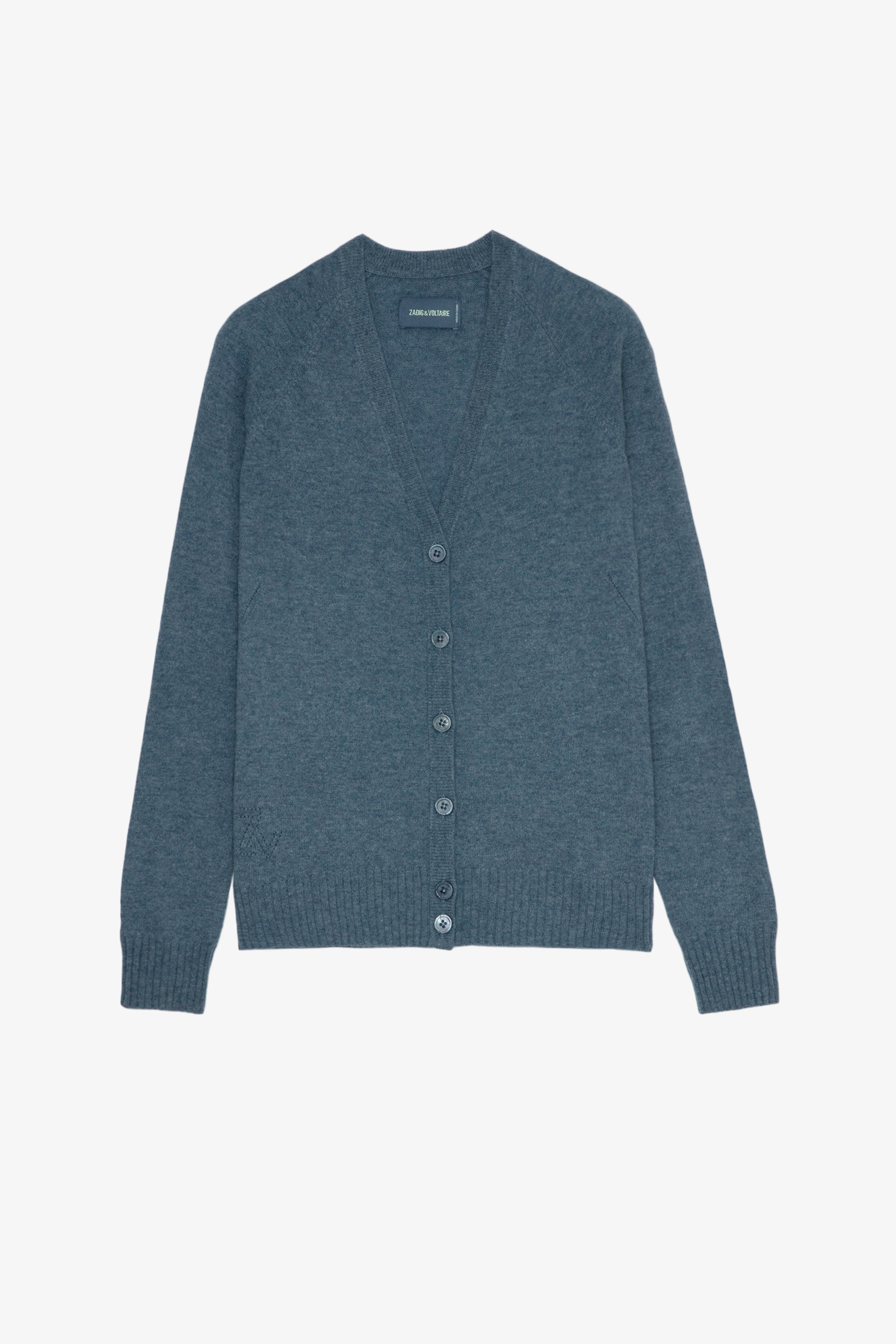 Jim Patch Cashmere Cardigan Women’s blue cashmere cardigan with star patches on the sleeves.