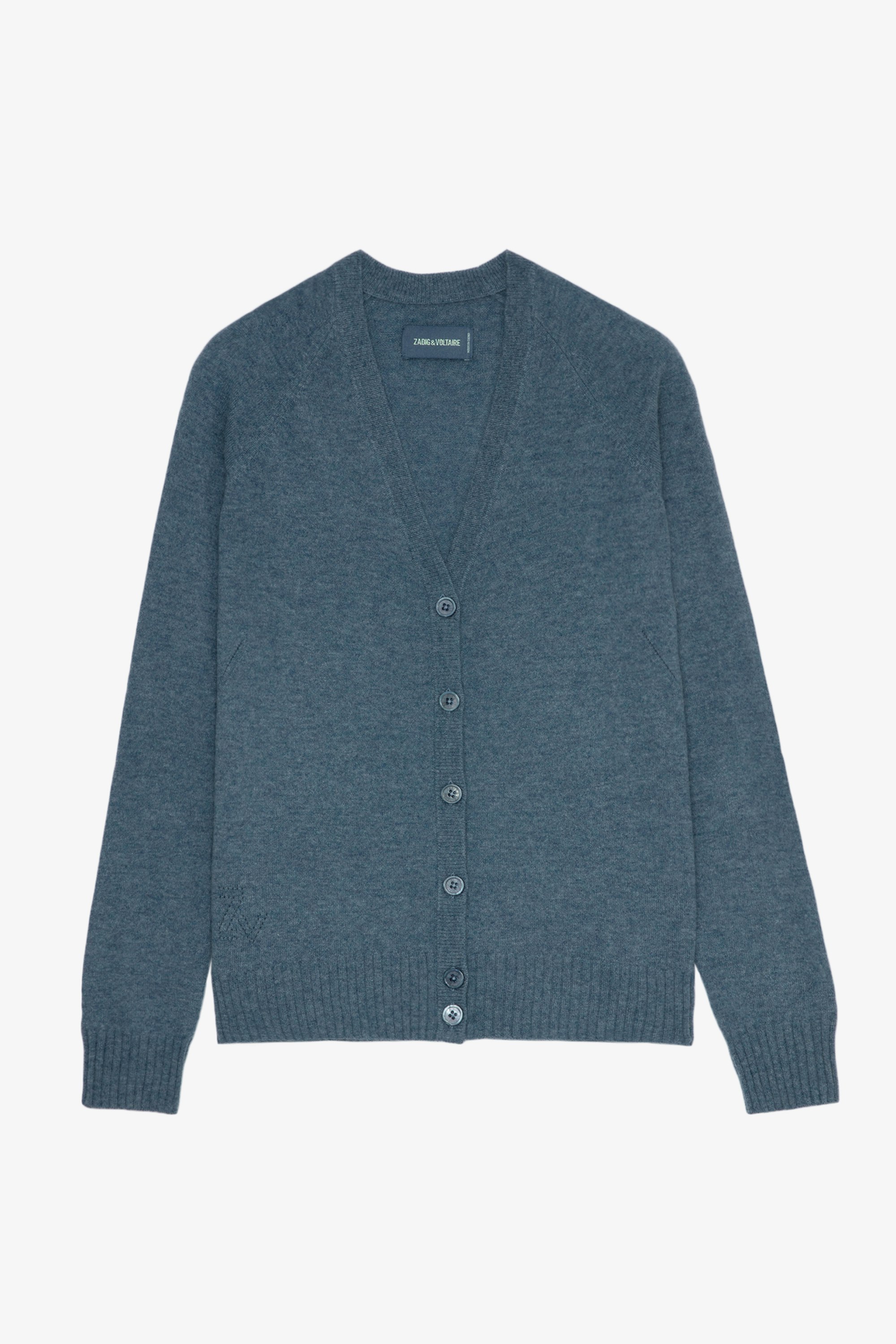 Jim Patch Cashmere Cardigan - Women’s blue cashmere cardigan with star patches on the sleeves.