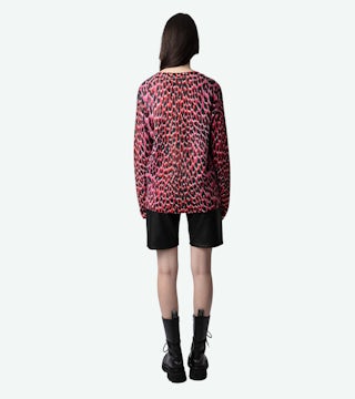 Gilet Mirka 100% Cachemire - Gilet en cachemire rose imprimé léopard.