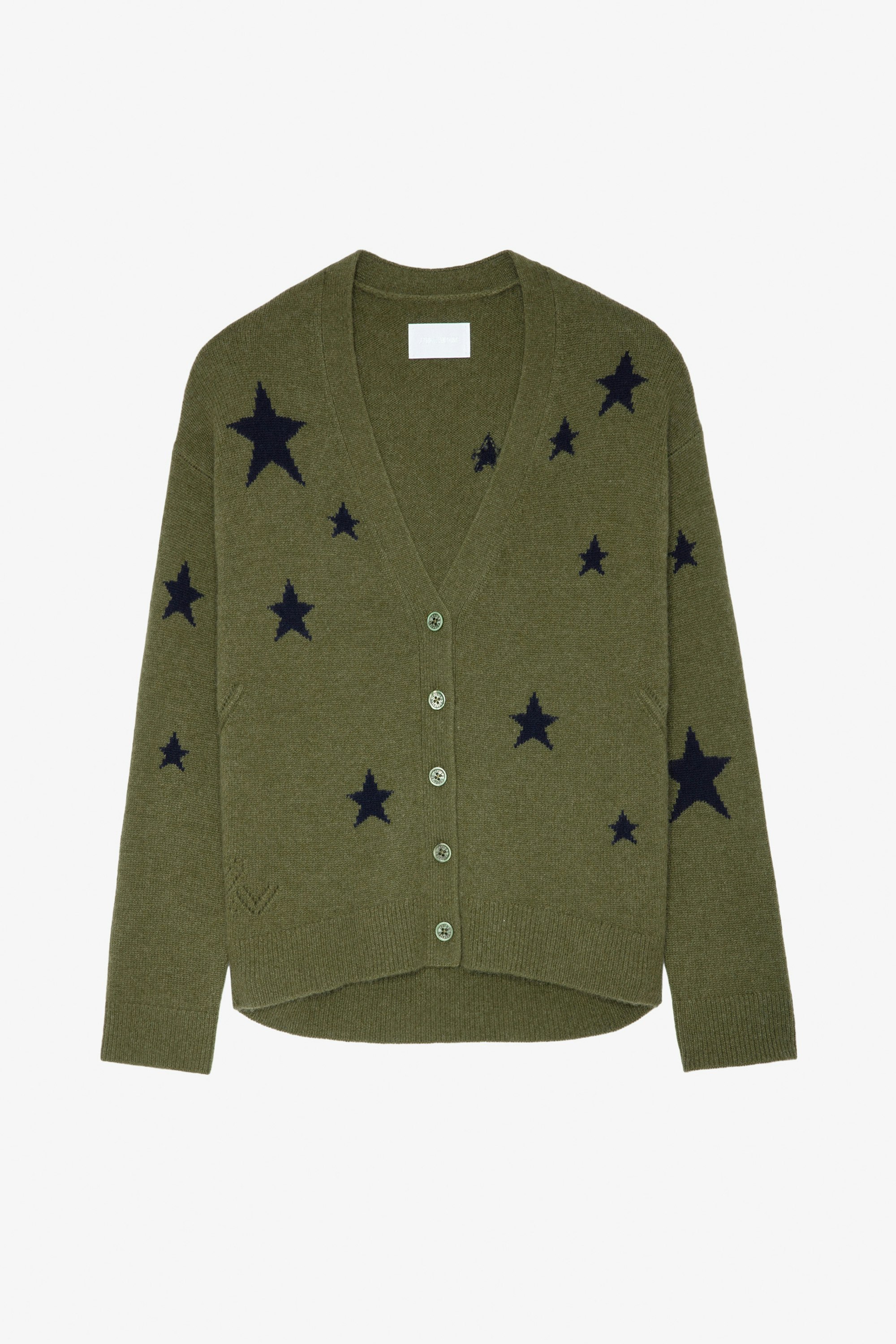 Mirka Cardigan - Khaki cashmere cardigan with button fastening and star motifs.