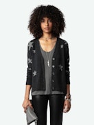 Mirka Stars Cardigan 100% Cashmere - Loose anthracite 100% cashmere cardigan with button fastening and contrasting intarsia tweed star motifs.