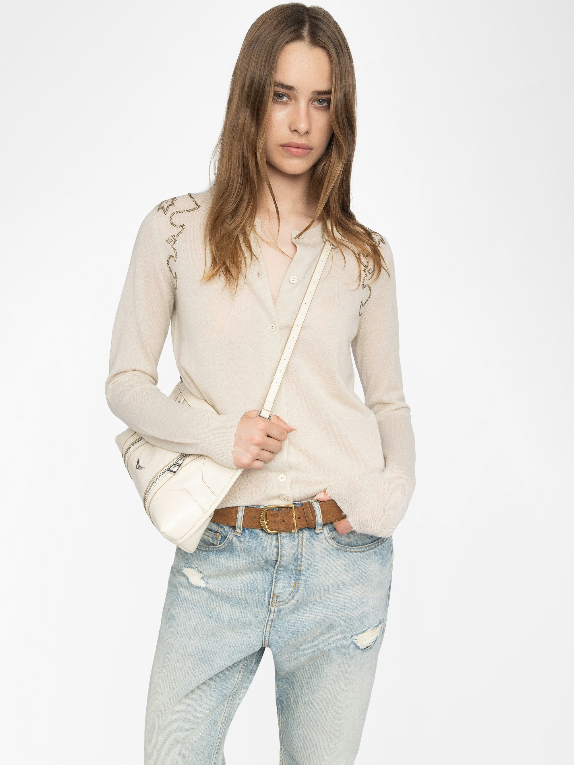 Missya Cashmere Cardigan - Round neck buttoned cardigan with applied rhinestones.