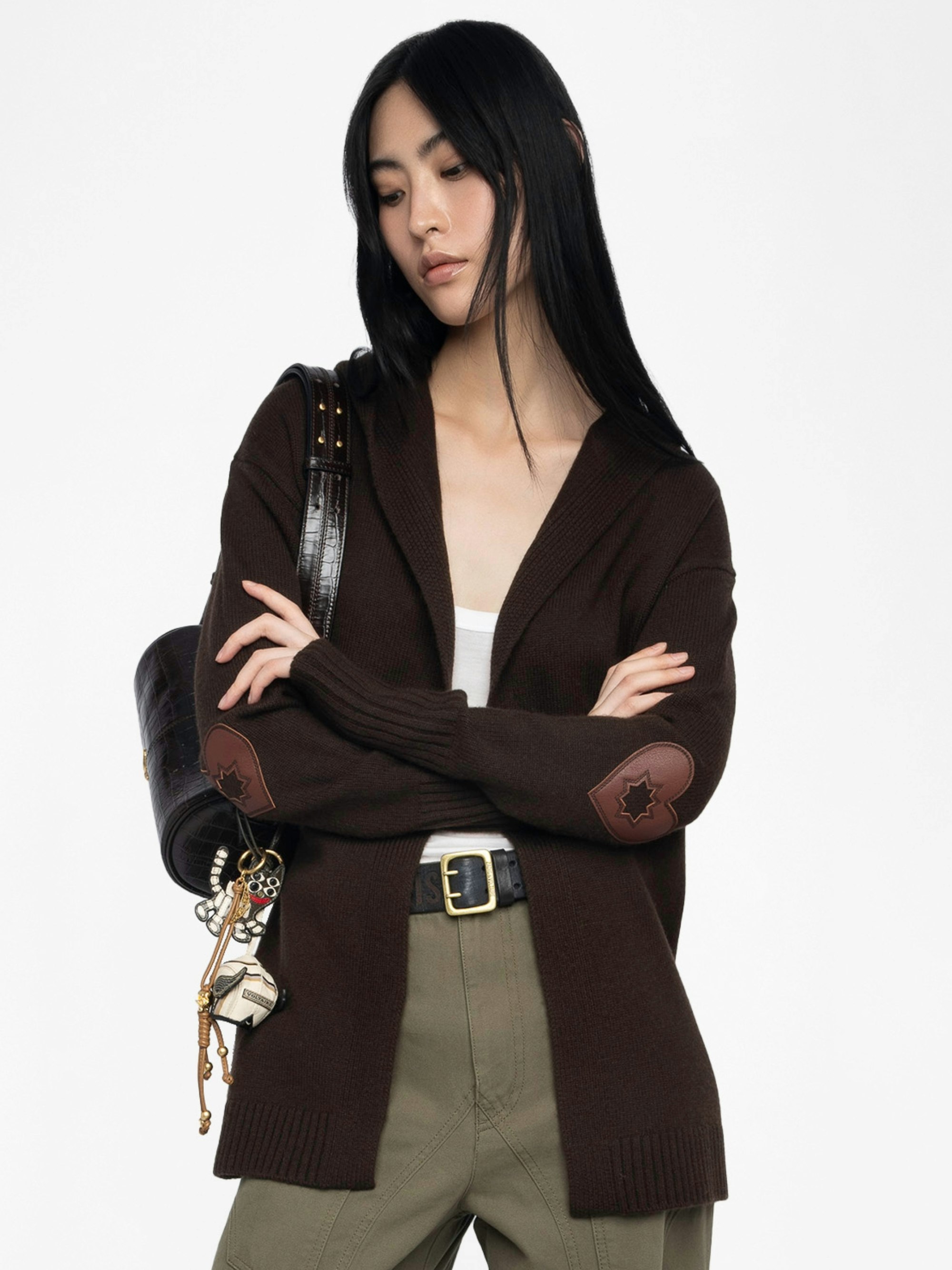 Cosya Cardigan - Brown wool and cashmere blend cardigan with leather patches on sleeves.