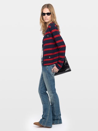 Cardigan Camo - Cardigan abbottonato a righe orizzontali con tasche.