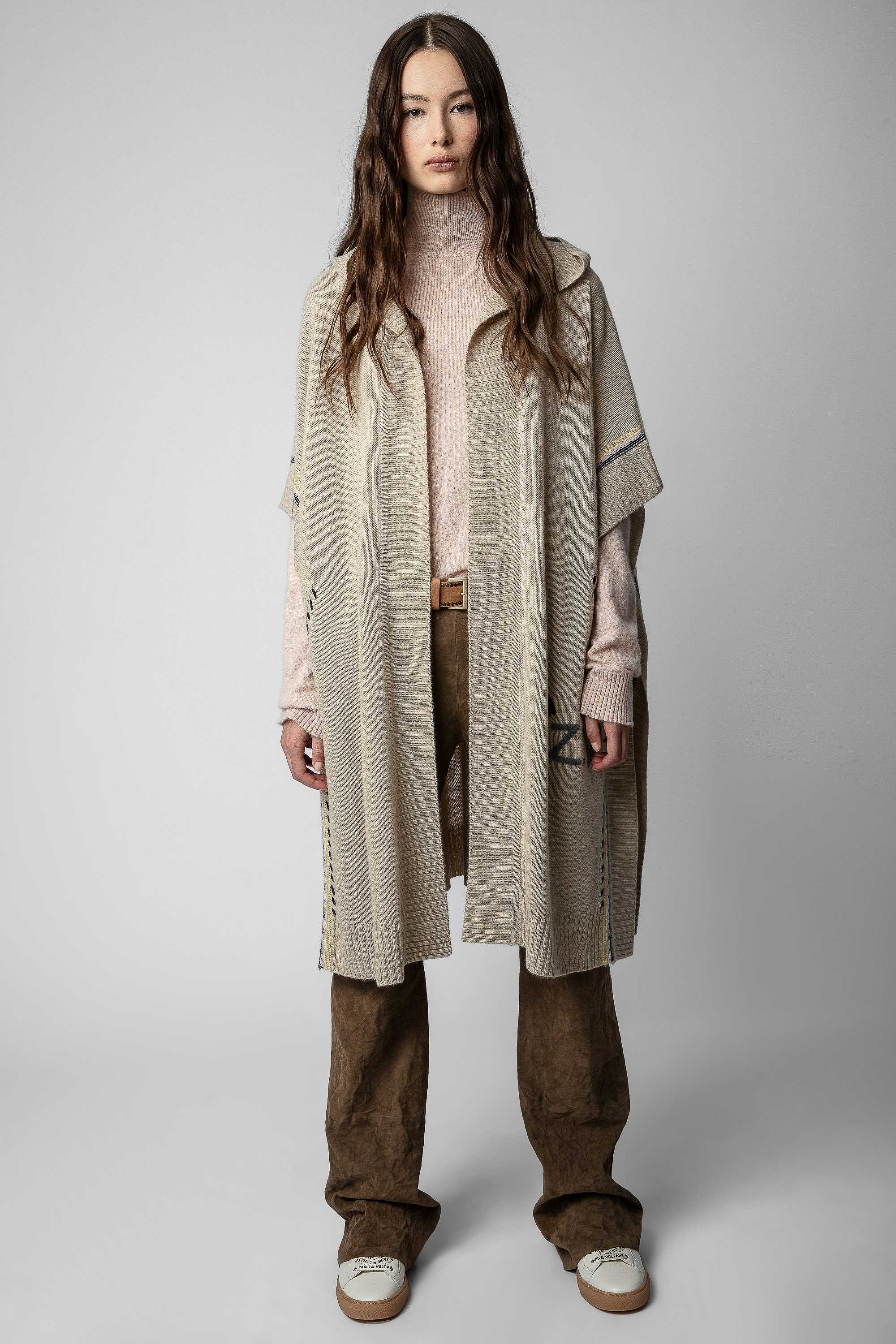 Inna カーディガン - Women's long beige sleeveless knit cardigan