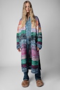 Allany Coat - Women's long knit coat with multicoloured stripes