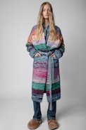 Allany Coat - Women's long knit coat with multicoloured stripes