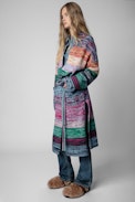 Allany Coat - Women's long knit coat with multicoloured stripes