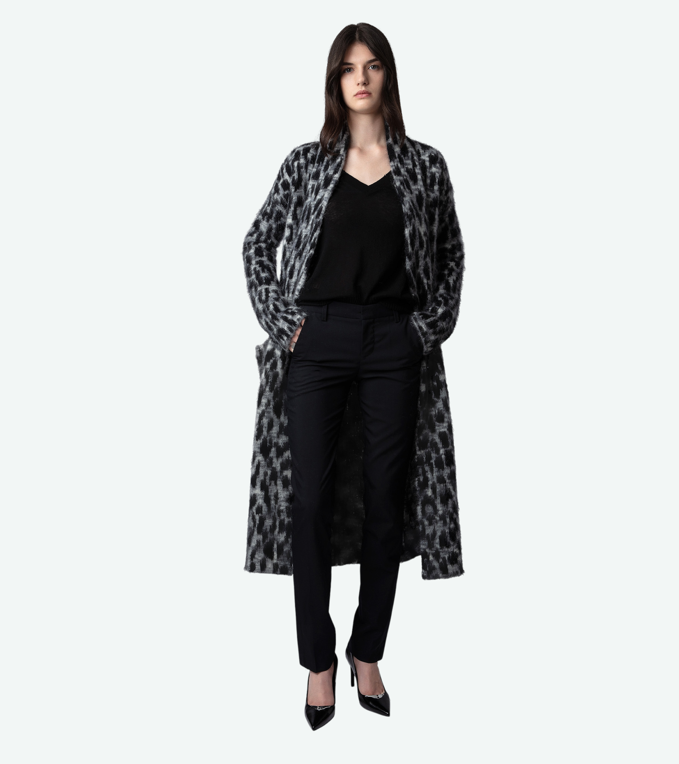 Tilda Leopard Cardigan - Women’s long line grey leopard-print cardigan.