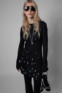 Jenna Dress - Women's navy blue knitted sweater dress with sequins