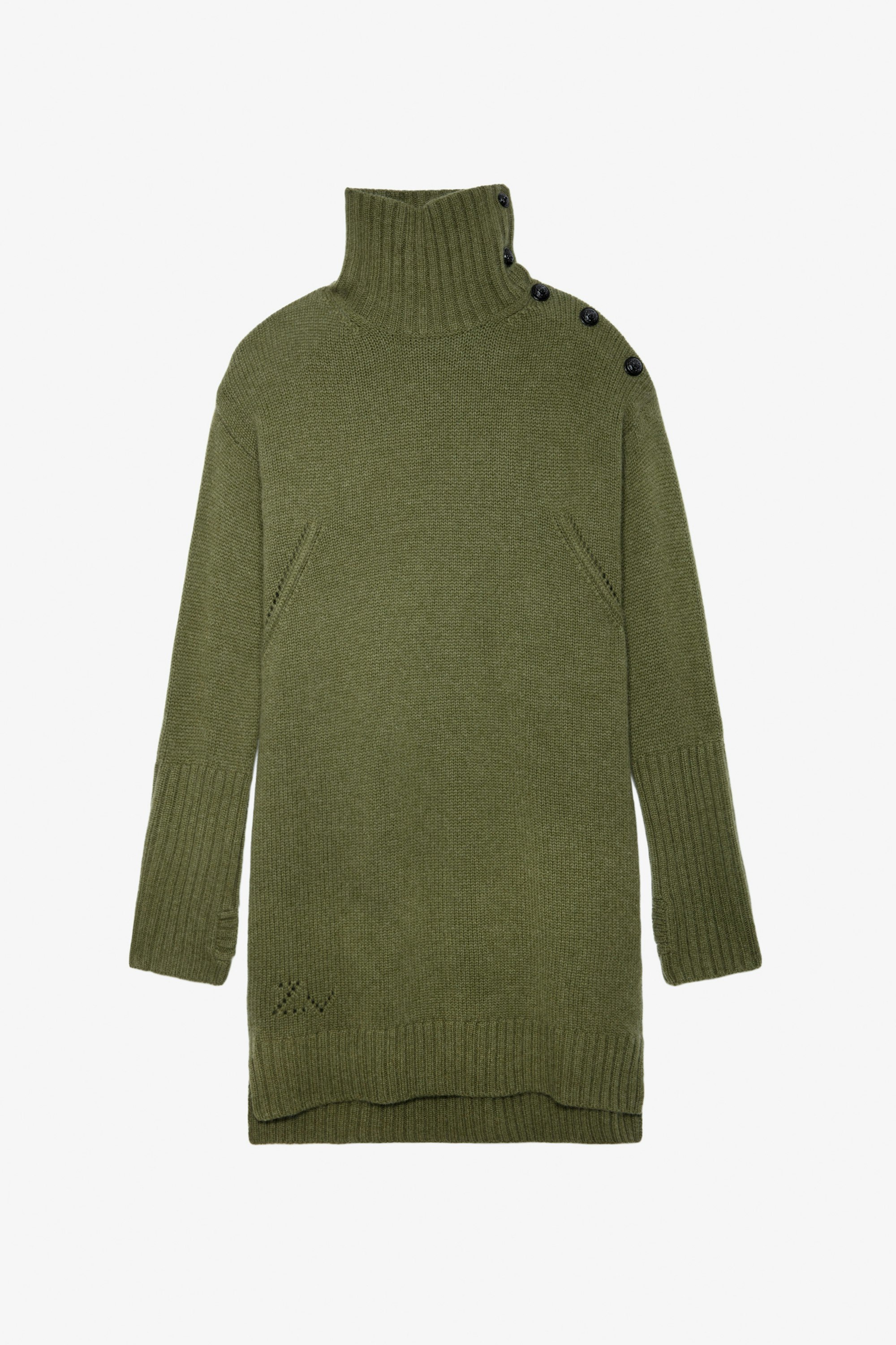 Almira カシミヤ ワンピース - Women’s short khaki cashmere turtleneck dress with buttons on the shoulders and long sleeves.