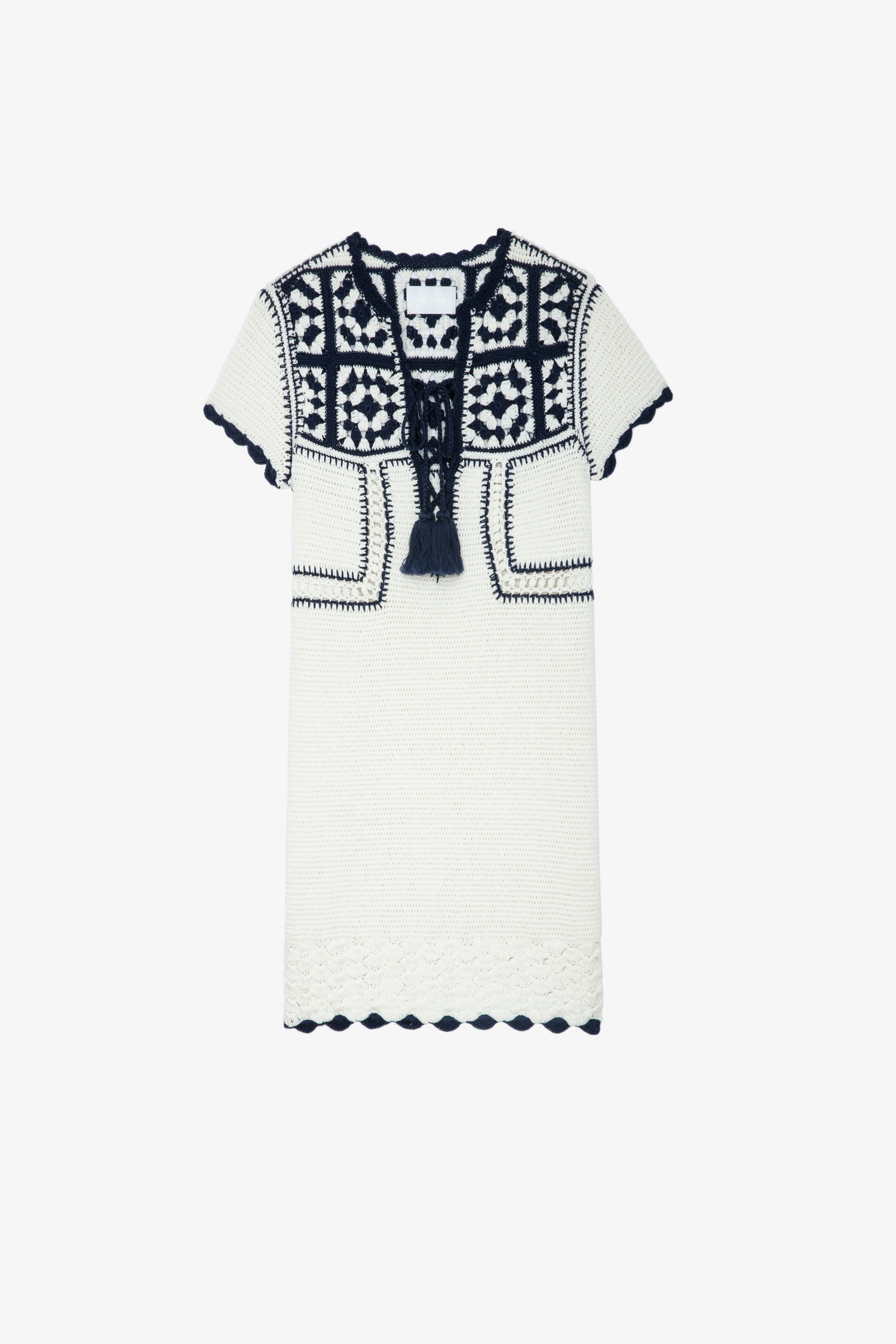 Imany Dress - Women's short dress in contrasting off-white cotton with crocheted details