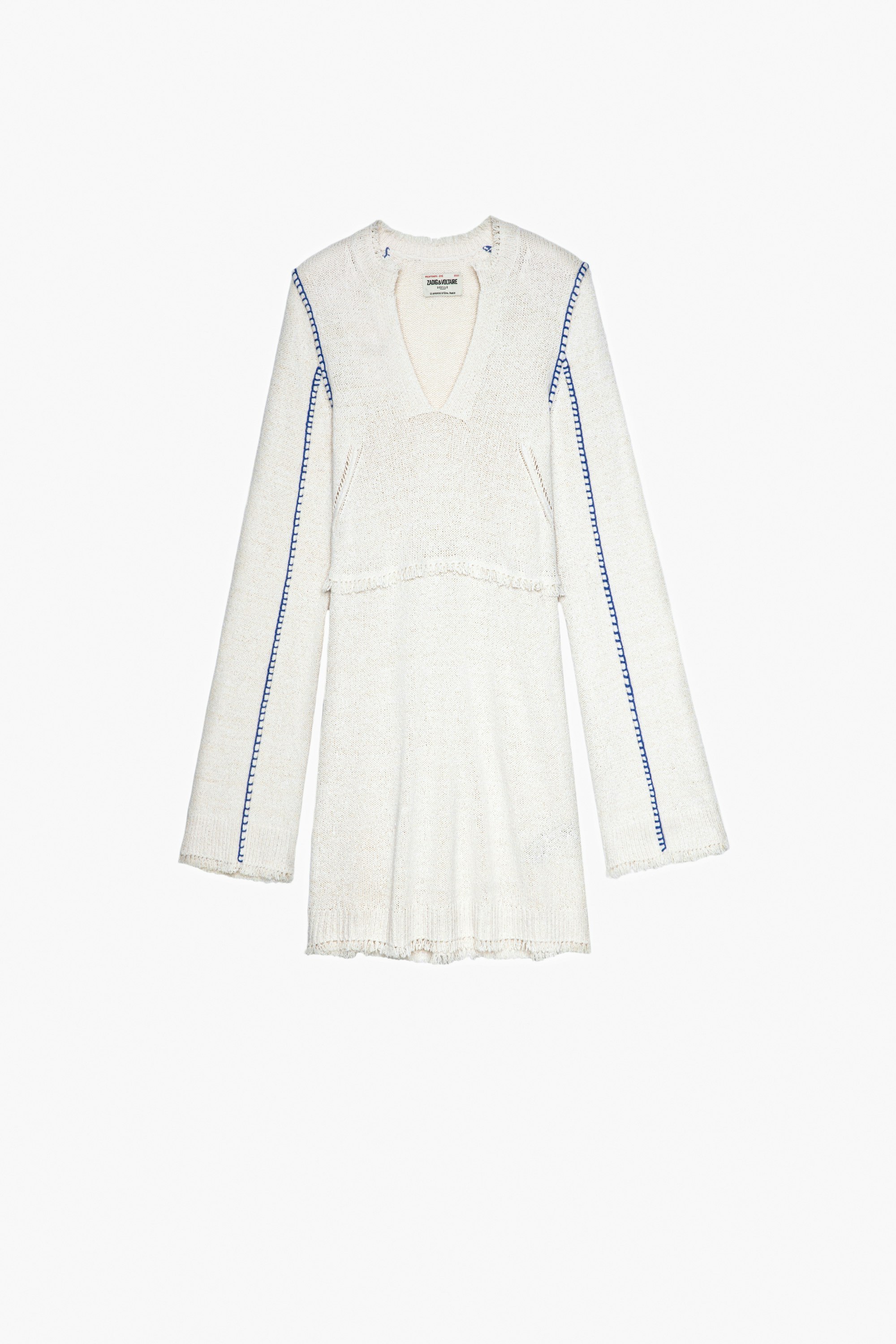Hiko Dress Women's off-white short silk dress with fringed trims and topstitching