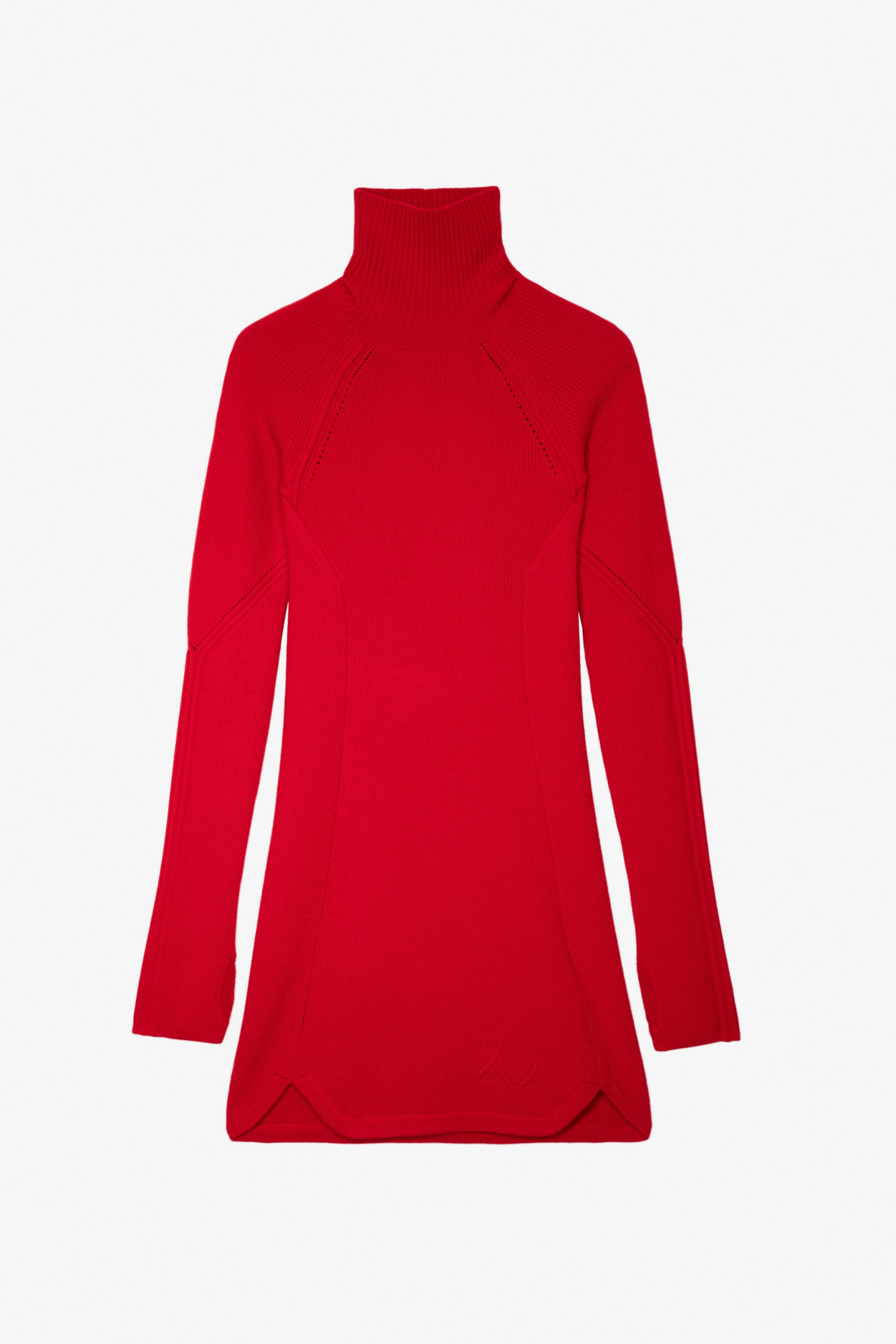 Viky Dress - Women’s short red merino wool dress with turtleneck and cut-out at the back.