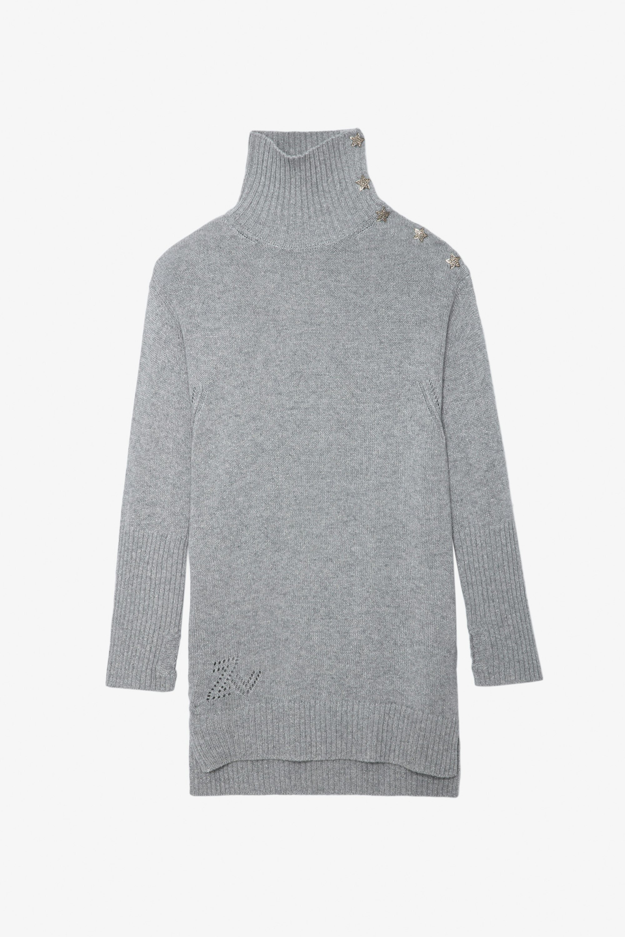 Almira Jewellery Dress - Women’s light grey knit midi turtleneck dress with star buttons on the shoulder.