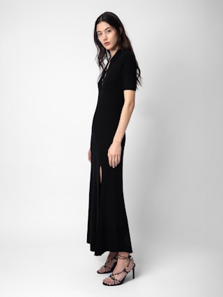 Robe Lysa - Robe longue fendue à col chemise, manches courtes avec boutons bijoux strass.