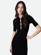 Abito Lysa - Abito lungo con spacco in lana merino nero con colletto a camicia, maniche corte e bottoni gioiello con strass.