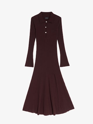 Lysaya Knit Dress - Long merino wool dress with split, shirt collar, long sleeves and diamanté jewel buttons.