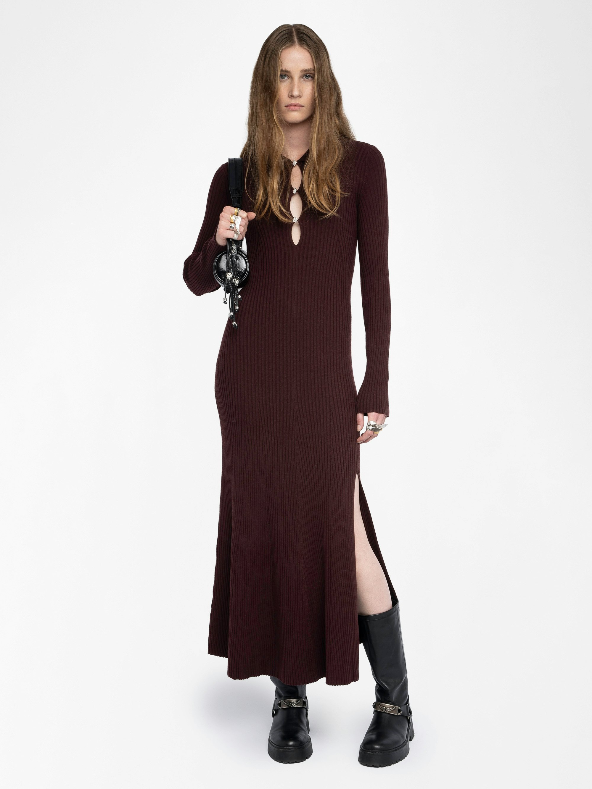 Lysaya Knit Dress - Long merino wool dress with split, shirt collar, long sleeves and diamanté jewel buttons.