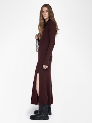 Lysaya Knit Dress - Long merino wool dress with split, shirt collar, long sleeves and diamanté jewel buttons.