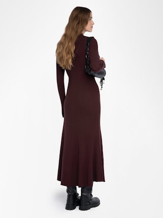 Lysaya Knit Dress - Long merino wool dress with split, shirt collar, long sleeves and diamanté jewel buttons.