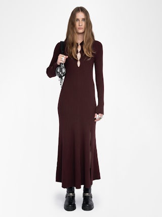 Lysaya Knit Dress - Long merino wool dress with split, shirt collar, long sleeves and diamanté jewel buttons.