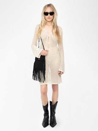 Ranyra White Crochet Mini Dress - Crochet dress with long sleeves.