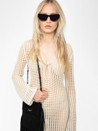 Ranyra White Crochet Mini Dress - Crochet dress with long sleeves.