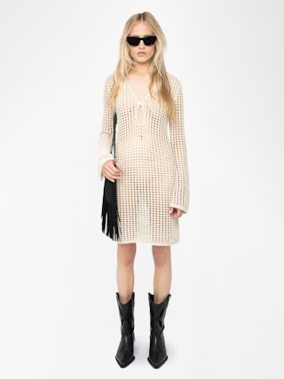 Ranyra White Crochet Mini Dress - Crochet dress with long sleeves.