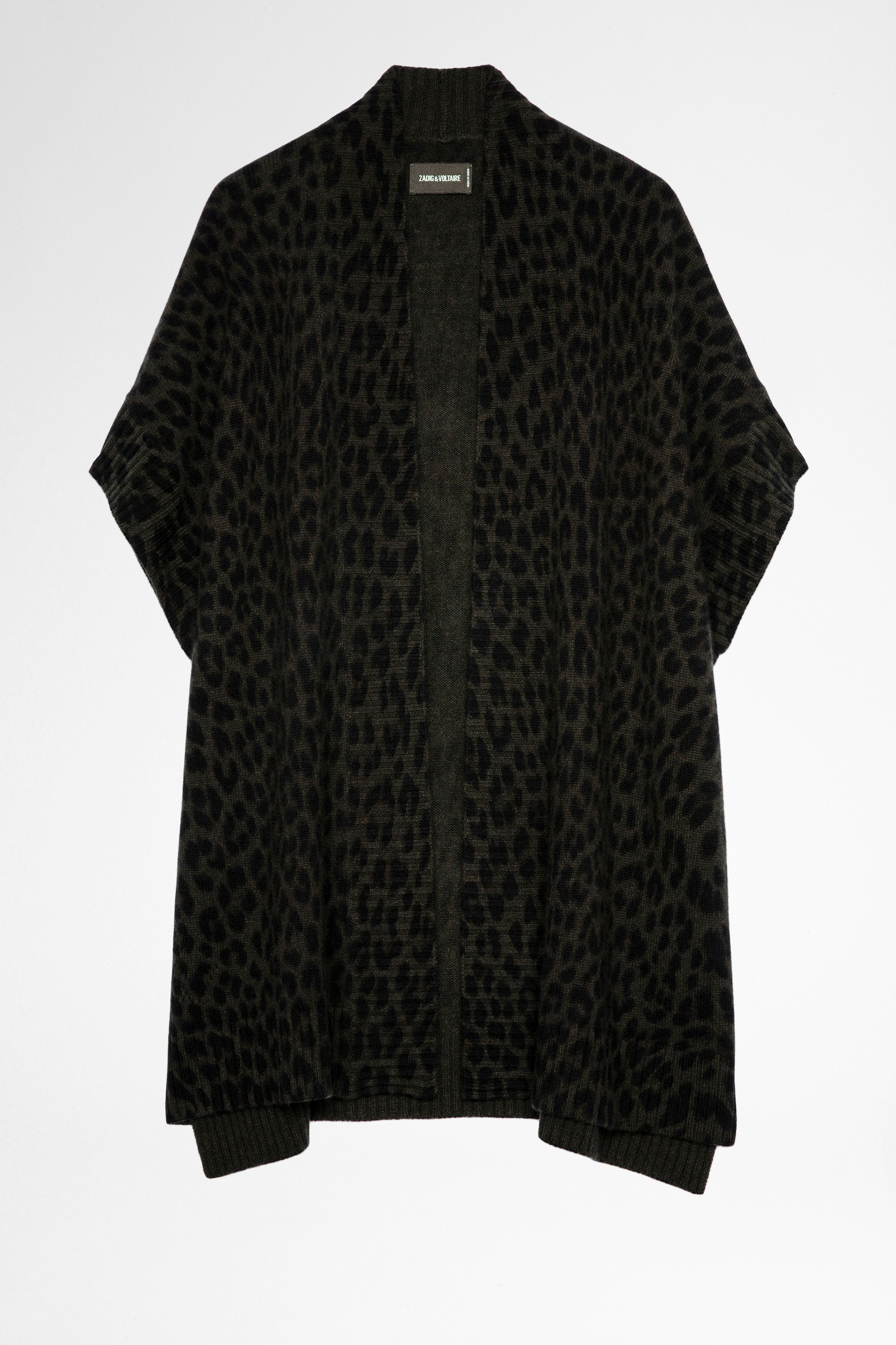 Indiany long cardigan Cashmere Women's long khaki knit cardigan with leopard print